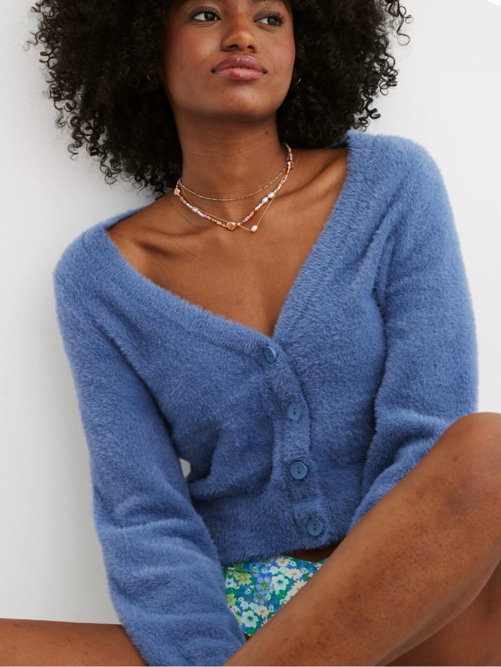 Aerie XXL Blue Fuzzy Cropped Cardigan NWT Cozy Button Front Soft Sweater